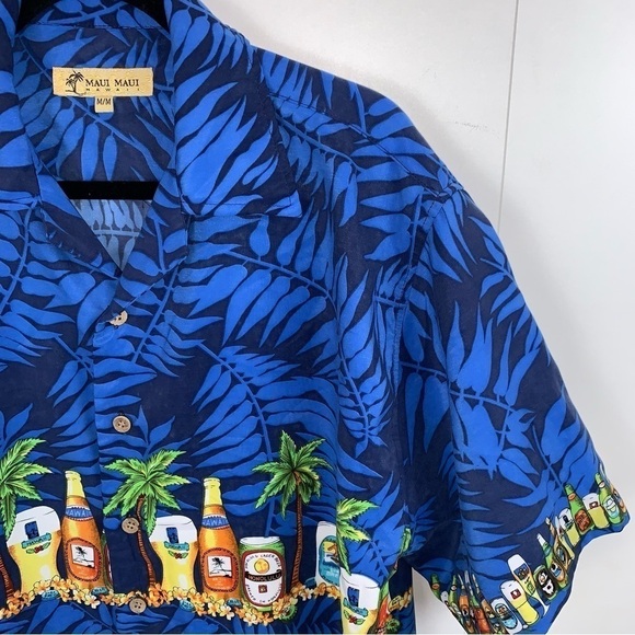 Vintage Maui Maui Hawaii Blue Beer Tropical Palm Short Sleeve Camp Shirt Men's M - Picture 2 of 8